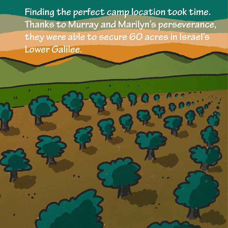 Illustration Description: A landscape of green rolling hills and trees, representing the location of Jordan River Village. Text: Finding the perfect camp location took time. Thanks to Murray and Marilyn’s perseverance, they were able to secure 60 acres in Israel’s Lower Galilee.