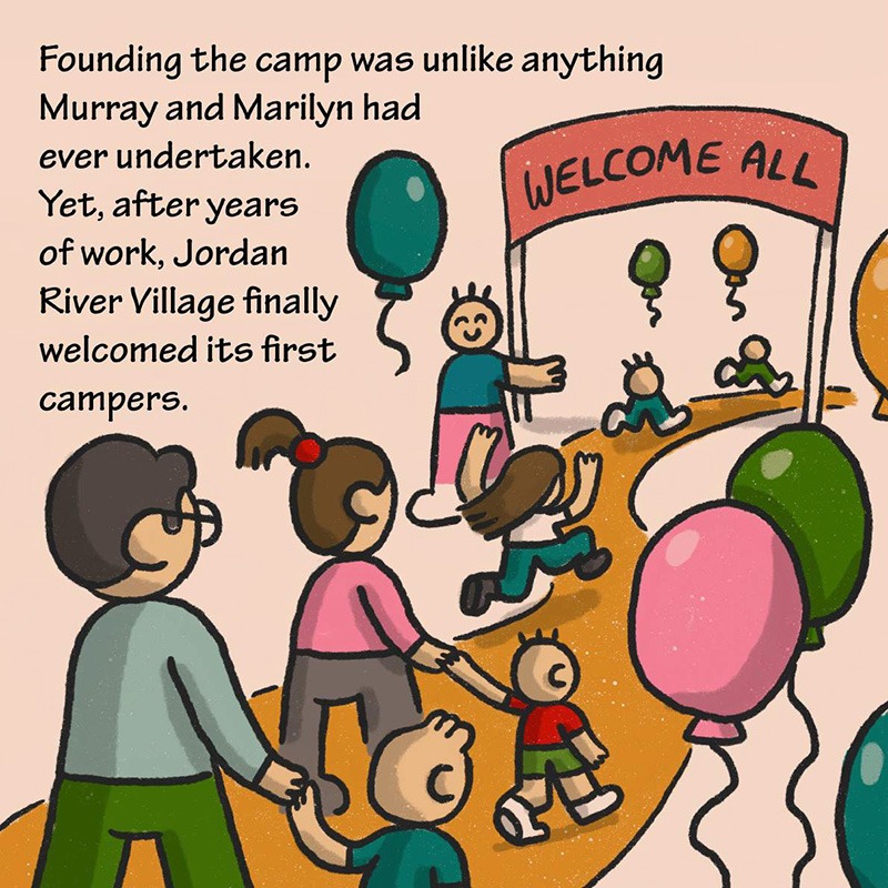 Illustration Description: Families and children walking toward a welcoming arch decorated with balloons. A smiling child stands under the arch, welcoming others. Text: Founding the camp was unlike anything Murray and Marilyn had ever undertaken. Yet, after years of work, Jordan River Village finally welcomed its first campers.