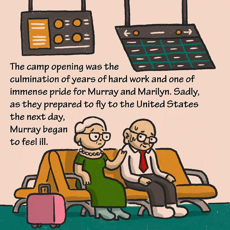 Illustration Description: Murray and Marilyn sitting on orange airport chairs, with Marilyn placing a hand on Murray’s arm. A departure board is visible in the background. A pink suitcase sits on the floor beside them. Text: The camp opening was the culmination of years of hard work and one of immense pride for Murray and Marilyn. Sadly, as they prepared to fly to the United States the next day, Murray began to feel ill.