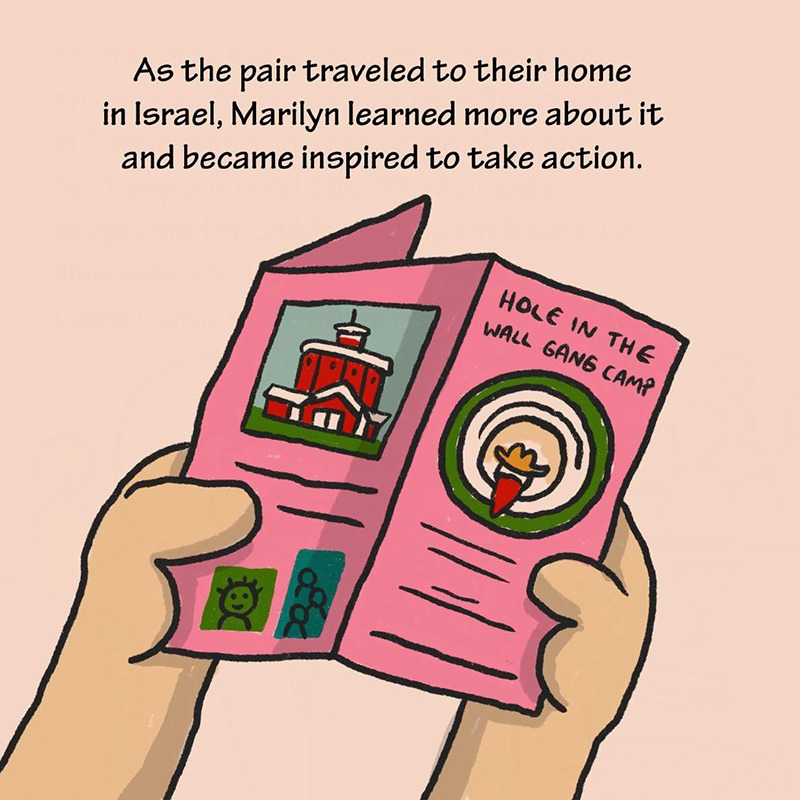 Illustration Description: A pair of hands holding a pink brochure with images and text about "The Hole in the Wall Gang Camp." Text: As the pair traveled to their home in Israel, Marilyn learned more about it and became inspired to take action.
