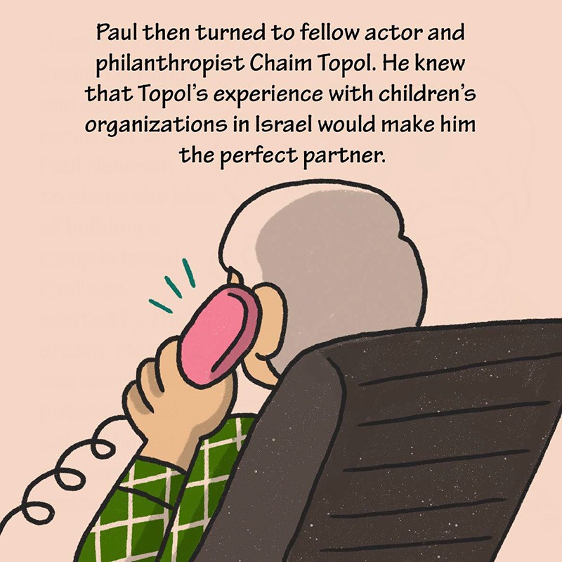 Illustration Description: A man holding a pink rotary phone to his ear, viewed from behind. A speech bubble mentions "Chaim Topol." Text: Paul then turned to fellow actor and philanthropist Chaim Topol. He knew that Topol’s experience with children’s organizations in Israel would make him the perfect partner.