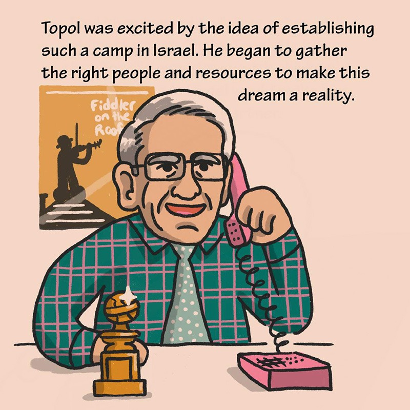 Illustration Description: Chaim Topol, wearing glasses and a green plaid shirt, smiling while holding the pink phone. A Golden Globe trophy sits on his desk, and a "Fiddler on the Roof" poster hangs on the wall behind him. Text: Topol was excited by the idea of establishing such a camp in Israel. He began to gather the right people and resources to make this dream a reality.